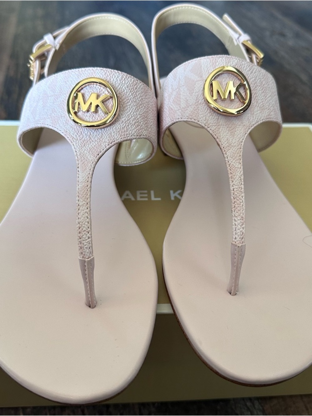 Michael Kors Blush Pink Logo T-Strap Sandals with Gold Accents - Picture 2 of 7